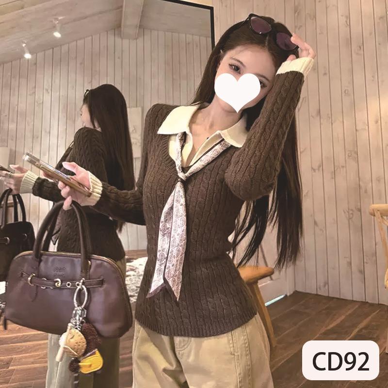 Contrast Color Splicing Fake Two-piece Lapel Sweater for Women Autumn and Winter Twist Slim Sweater Silk Scarf Top onesize кофейный 2090₽