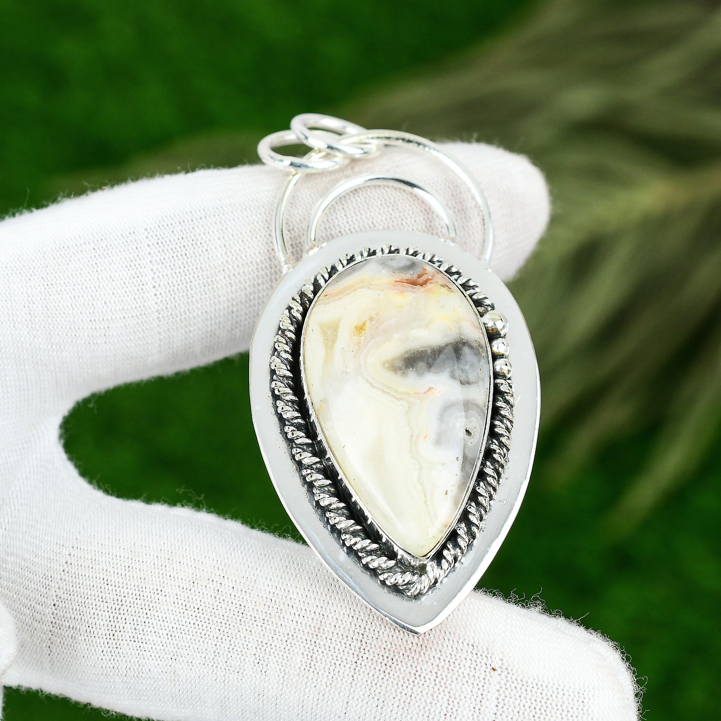 925 Sterling Silver Natural Mexican Laguna Lace Agate Artisan Unique New Pendant