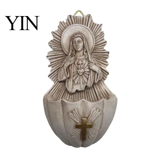 Distressed Finish Art Sacred Heart of Mary Holy Water Font, Vintage Resin Sculpture Basin Wall Hanging, Catholic Religious Decor Ornament for