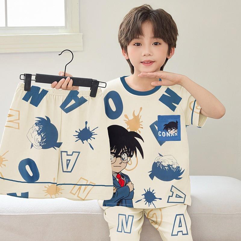 Boys Cotton Short Sleeve 3-Piece Pajama Set Sleepwear Kids Teens Cartoon Print Lightweight Home Wear