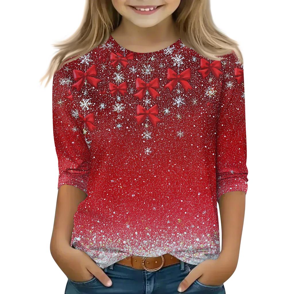 Christmas Day Print Tops For Youth Girls 4-11 Years Round Neck 3/4 Sleeves T-Shirts Trendy Tops Outfit Tees