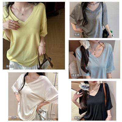 Summer New V-neck Loose Lazy Style Design Temperament Short-sleeved T-shirt Women's Simple Casual Solid Color Bottoming Shirt