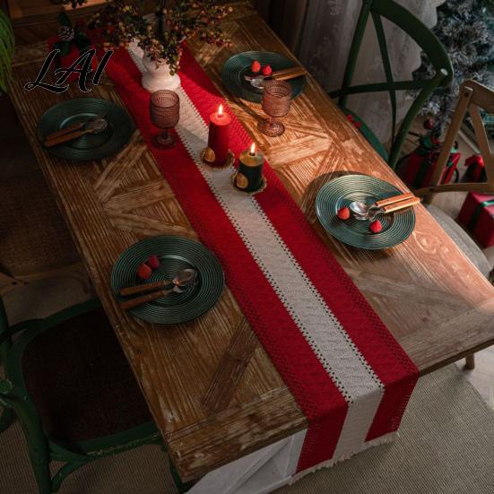 Cotton Linen Table Mat for Parties Boho Striped Runner Fringed Edge Rustic Farmhouse Runner Dining Table Home Holiday Party Decoration Heat