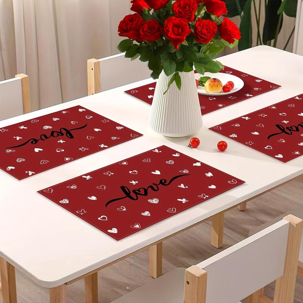 4/6pcs Set Valentine'S Day Red Background with White Hearts And Love Pattern Placemats Suitable for Home Kitchen, Dining Room, Party