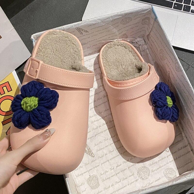 

Зимние женские тапочки Плюшевый хлопок Цветочные украшения Обувь Плоские крытые открытые ежедневные надеть обувь Дамы Хлопковые тапочки