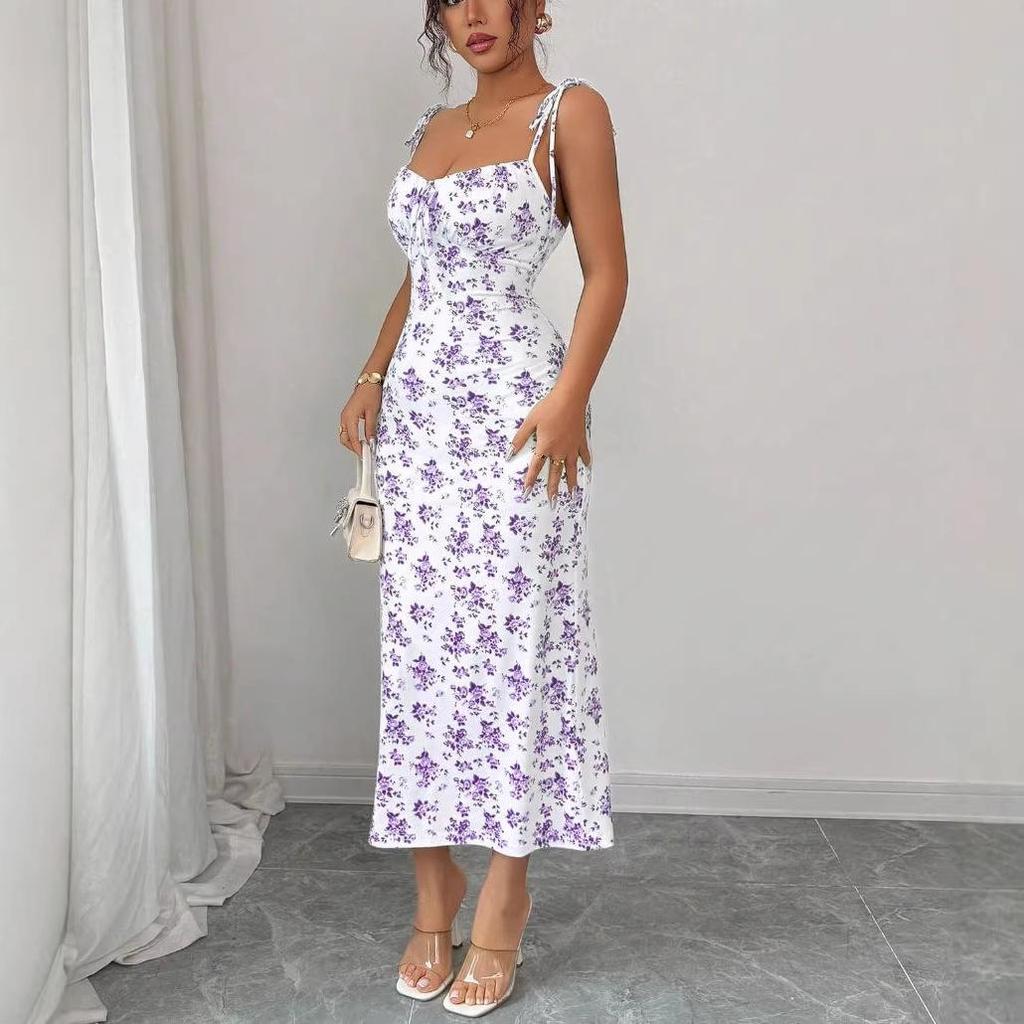 2026 Summer Floral Spaghetti Strap Dress - European & American Style, Slim Fit, Hip-Hugging, Sweet & Elegant Women's Long Dress