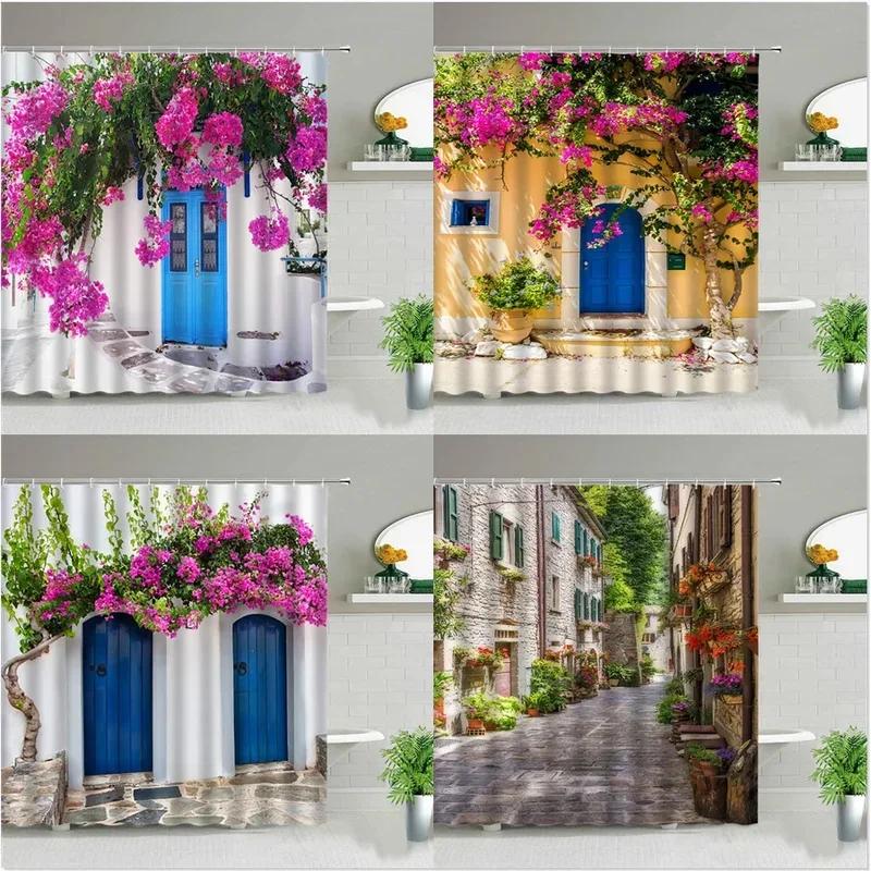 Purple Flowers Scenery Waterproof Shower Rural Street Landscape Floral Bathroom Curtains Washable Home Decor With XT6