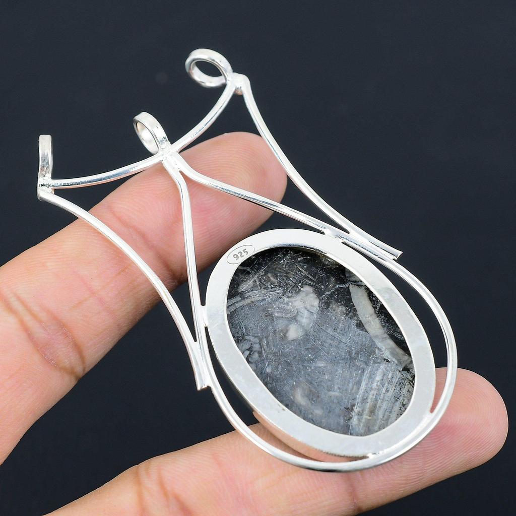 Friendship Day Deal 925 Silver Root Chakra Black Fossil Coral Stone Boho Pendant