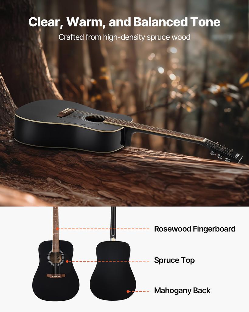 VEVOR 41 in / 1041.4 mm Dreadnought Acoustic Guitar Beginner Bundle for Adult Taller Black