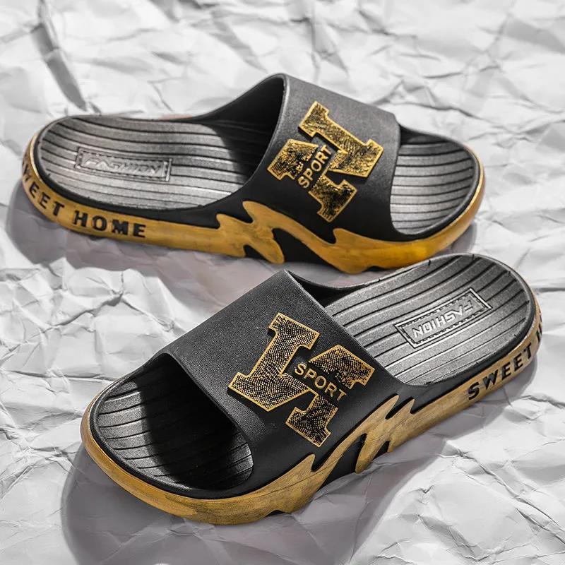 Man's Slippers In Summer Soft Sole Anti-slip Indoor Shower Slippers Versatile Solid Color Casual Print Flat Slippers