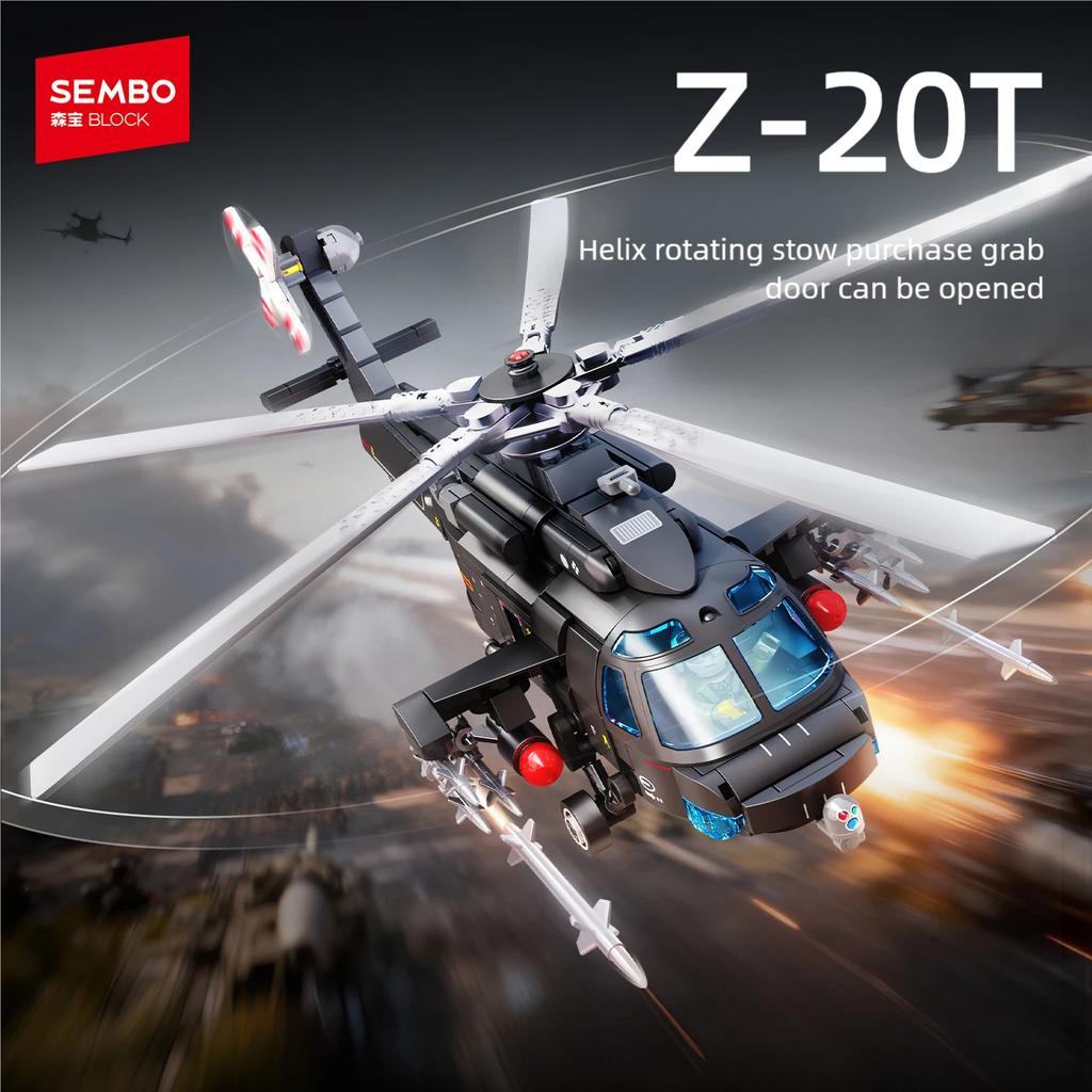 SEMBO BLOCK Z-20T Helicopter Military Fighter Building Blocks MOC City Army Plane Model Assembly Bricks Kids Toys Holiday Gifts