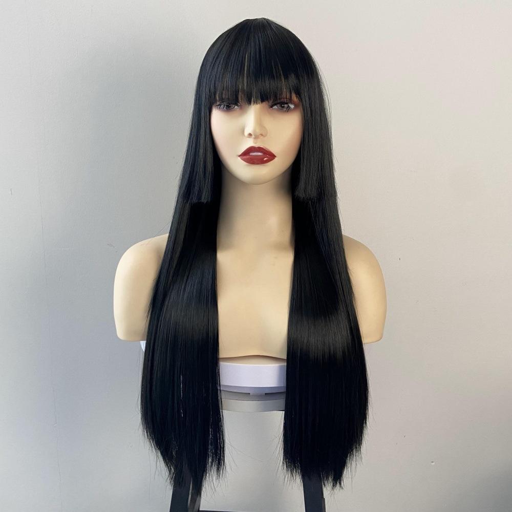 Qi Bangs Long Straight Wig Synthetic Full Head Cover Purple Hime Style Colored Hairstyle Set