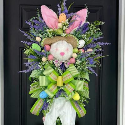 Osterhasenkranz, Frühlingssaison, Dekoration zum Aufhängen an der Haustür, künstlicher Blumenkranz mit Schleife für Wand- und Fensterdekoration