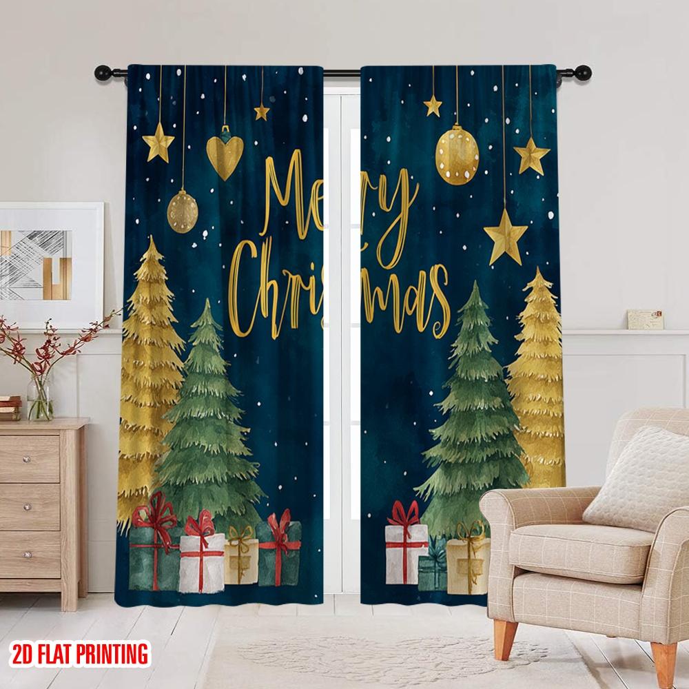2pcs,2D Plane Printing Pattern Curtains Christmas Pine Trees Polyester Easy Install (without Rod) Versatile All Perfect for