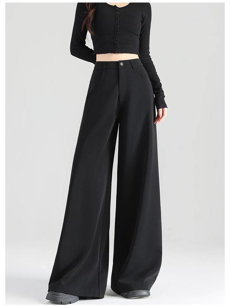 Women's 2025 Summer Black Wide-Leg Pants: Pear-Shaped, Slimming, High-End Drape, Loose Fit