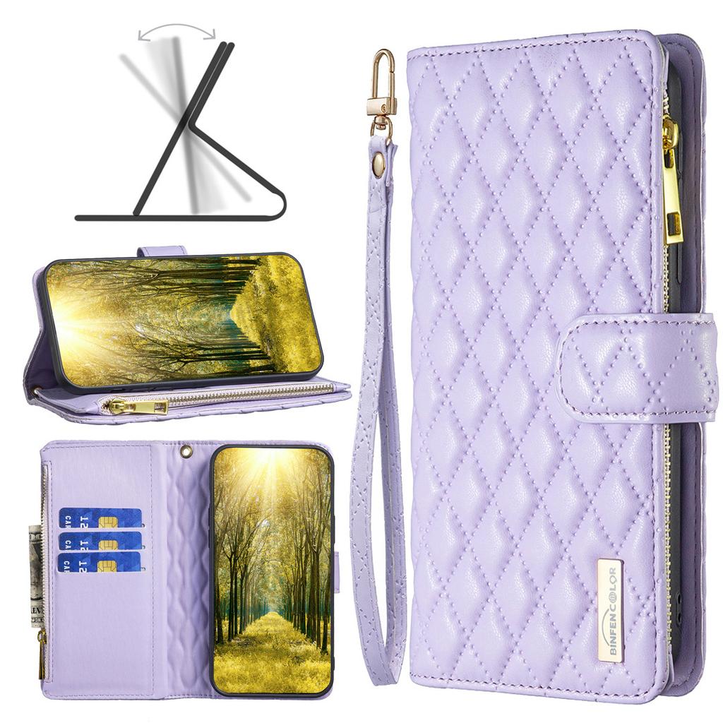 Applicable to iPhone16E mobile phone leather case 14Pro rhombus pattern small fragrant style zipper bag leather case 15plus solid color