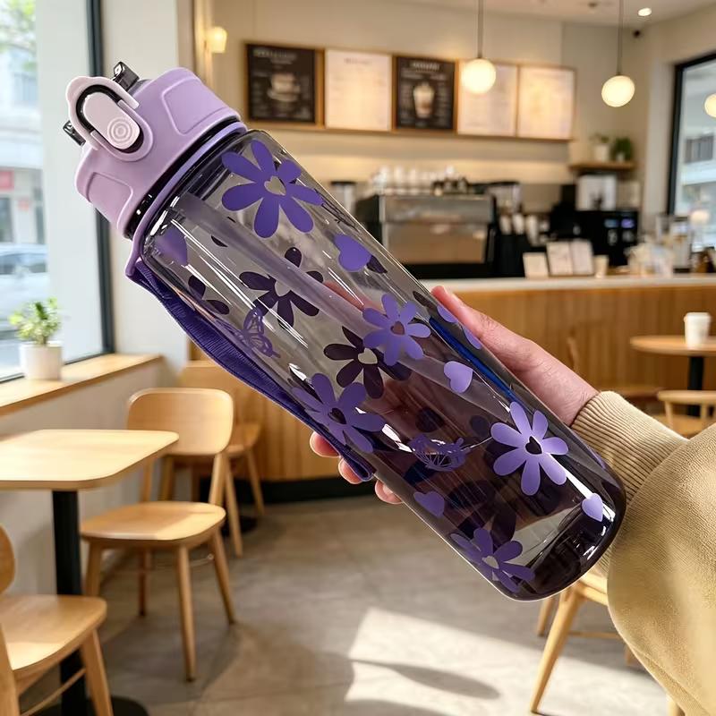 750ML Floral Bow Large Capacity Water Bottle Fresh Easy High Aesthetic Straw Cup with Handle Portable Suitable for Travel