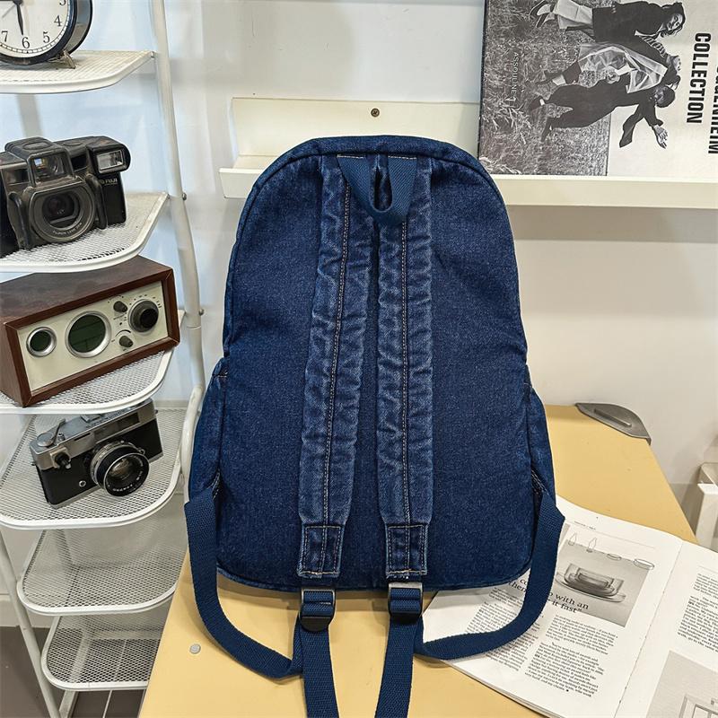Denim Backpack Student Schoolbag Solid Color Backpack