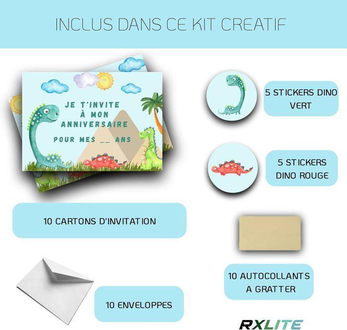 RXLITE KIT créatif Invitations Anniversaire à gratter thème DINOSAURES :10 Cartes Stickers Dorés Enveloppes Blanches