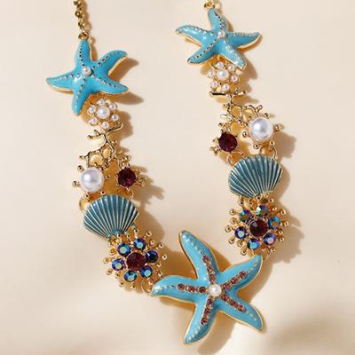 Yousheng Exaggerated Women Necklace Ocean Theme Starfish Coral Shell Hollow Out Faux Pearl Rhinestone Decor Adjustable Length Lady Vacation Beach Neck