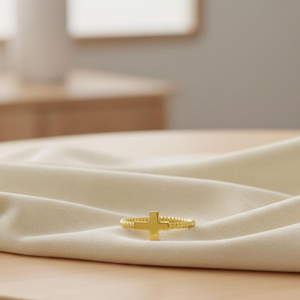 925 Sterling Silver Gold Vermeil Twisted Rope Band Cross Women Ring