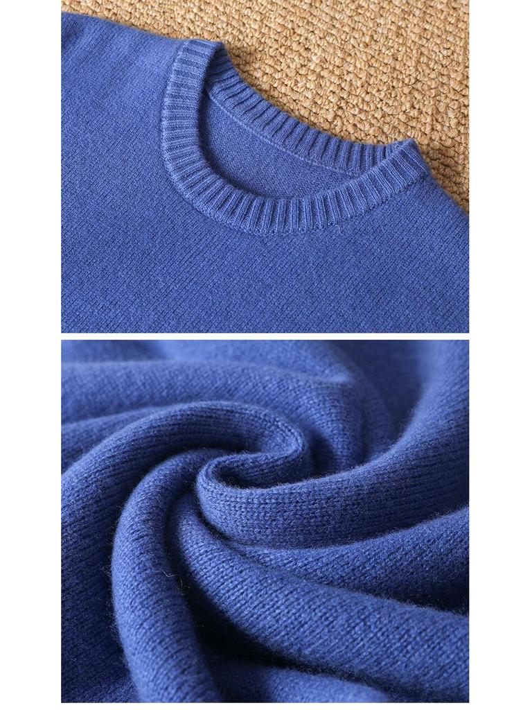 Men's Pure Wool Thickened Winter Pullover - Color Block Round Neck Cashmere Sweater