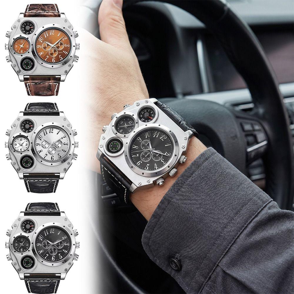 Large Dial Dual Time Zone Watch PU Leather Strap Men's Watch Top Brand Sport Wristwatch Men