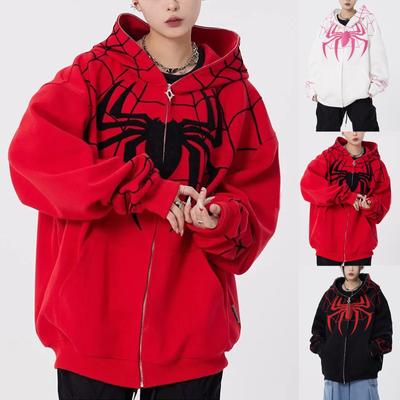 Gothic Dark Spider Print Hooded  Jacket Full Chain Loose Men's And Women's Sweater Coat