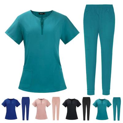 2 ks/súprava Dámska súprava nemocničných uniforiem s okrúhlym výstrihom na zips s krátkym rukávom, vrecká, vrchný elastický pás, súprava nohavíc, rýchloschnúci oblek pre nemocničnú zubnú sestru