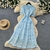 Abito Midi Elegante da Donna con Ricami in Pizzo, Manica Corta, Vita Alta, Linea ad A, Estivo, Casual, da Festa, per Matrimonio, da Vacanza, da Spiaggia