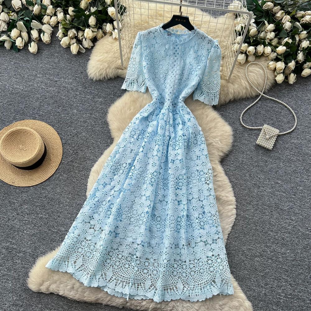 Abito Midi Elegante da Donna con Ricami in Pizzo, Manica Corta, Vita Alta, Linea ad A, Estivo, Casual, da Festa, per Matrimonio, da Vacanza, da Spiaggia
