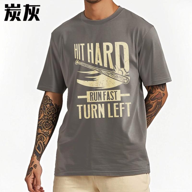 T Shirt Men Casual Round Neck Tee Big Size Summer For Men Tshirt Hit Hard Run Fast Turn Left Short Sleeve Soft Round Neck Tees