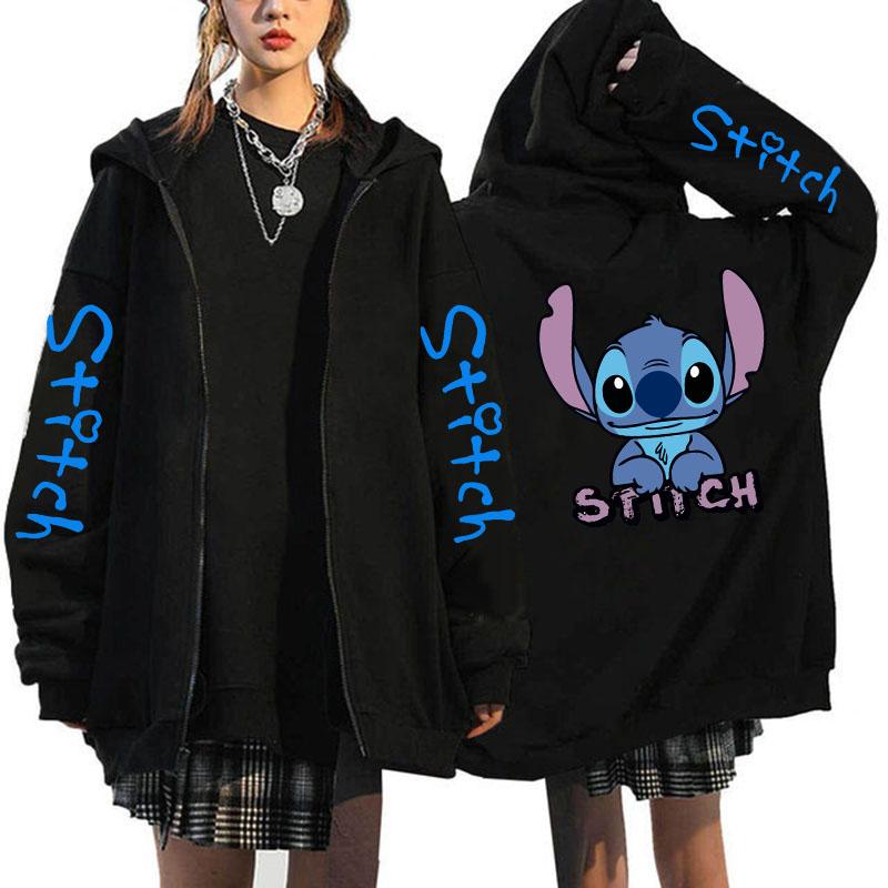 Oversized Y2k Zip-up Hettegenser Disney Dame Lilo & Stitch Kostyme Vinterklær Dame Langermet Varm Jakke Zip-up Street Topper