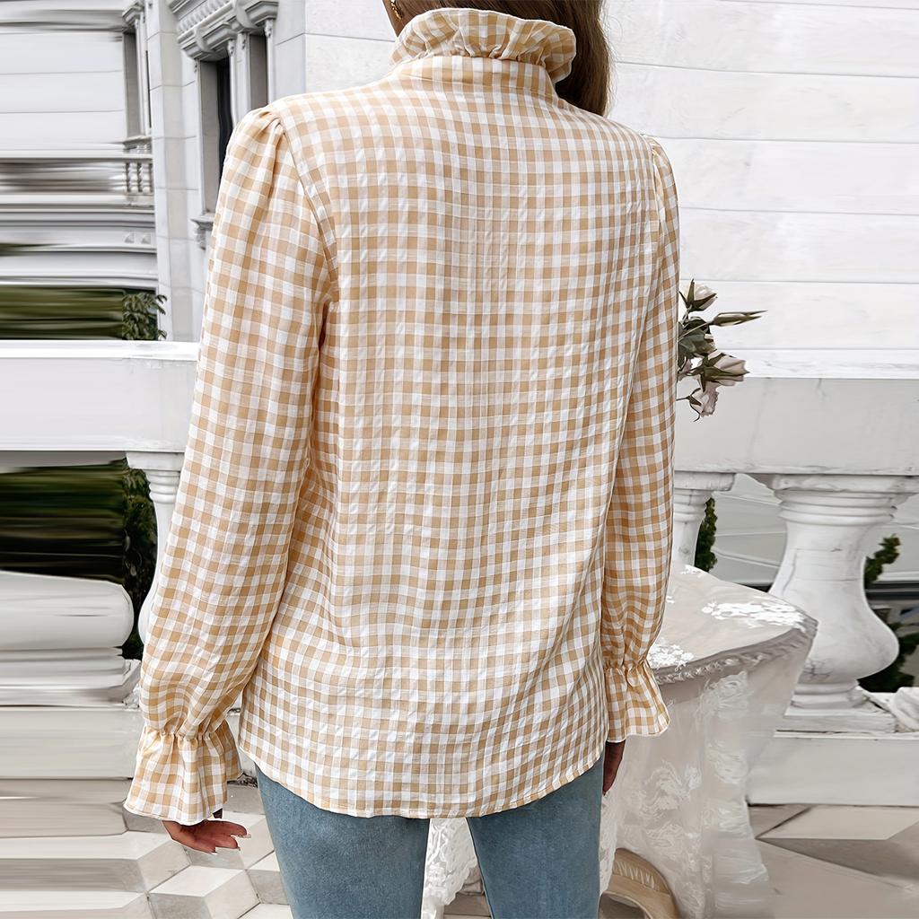 Dame Rutete V-hals Skjorte Volangskjorte Langermet Topp