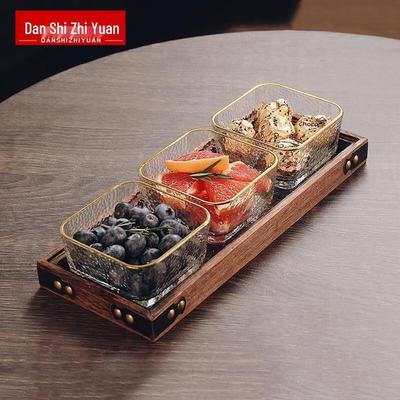 Divided Glass Serving Plate Set with Wooden Tray
