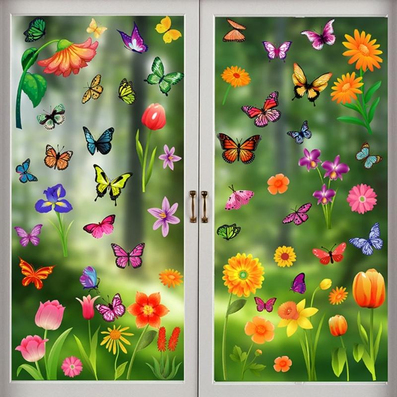 Window Cling Decal Butterfly Flower Pattern Friendly PVC No Residues Easy Application