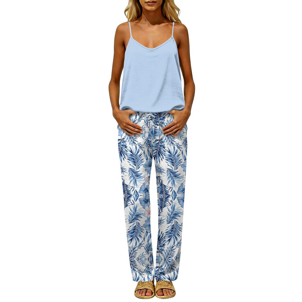 Women's 2 Piece Outfit Set, Casual Backless Sleeveless Top with Elastic Waist Long Pants, Suit No Pockets