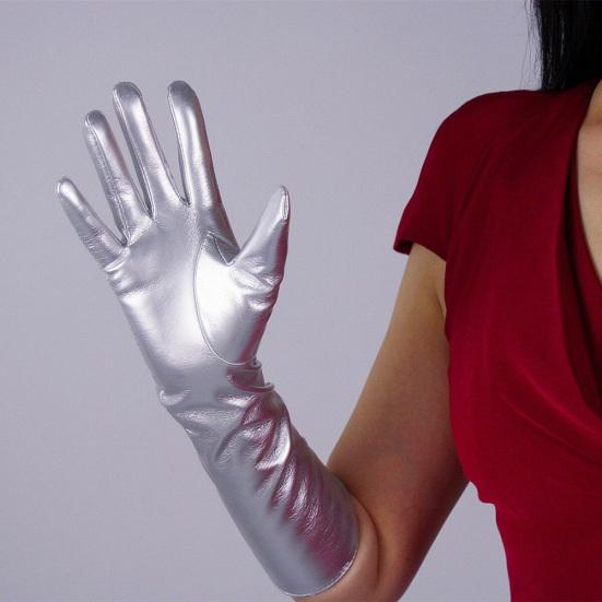 Cosplay Party Stage Performance Women Full Finger Shine Faux Leather Long Gloves