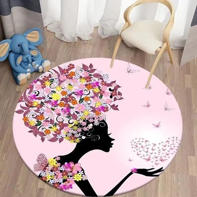 Butterfly Flower Fairy Girl Round Carpet Living Room Rugs Soft Doormat for Children's Room Playroom Decor Kitchen Bath Floor Mat