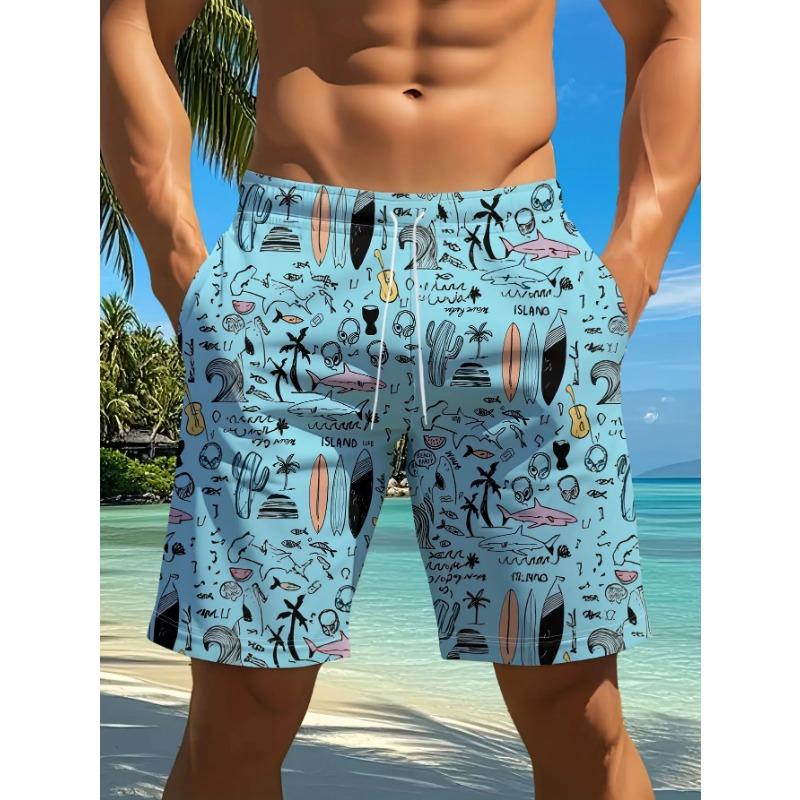 Men s fashionable beach shorts with casual drawstring design and tropical graphic design M