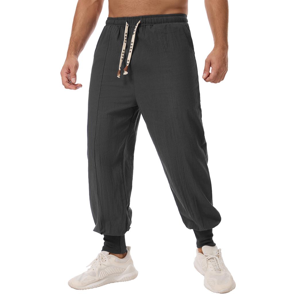 Men's Linen Blend Harem Pants - Contrast Drawstring Elastic Waist Loose Fit Casual Joggers with Ribbed Cuffs in Navy Blue
