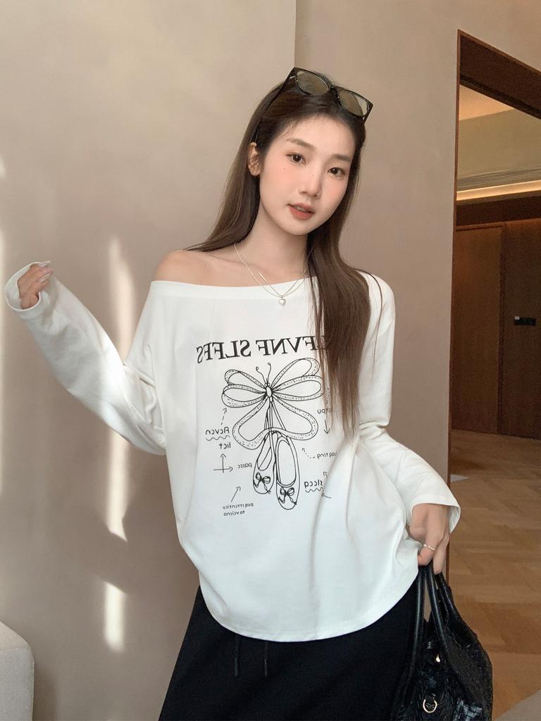 Lazy wind slanted shoulder loose long-sleeved T-shirt women's autumn new loose shoulder undershirt top