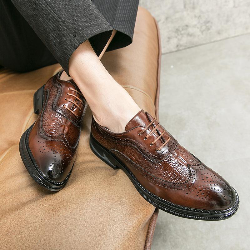 Korean version of business Brock engraved leather shoes men's British dress crocodile pattern Oxford shoes office professional leather shoes