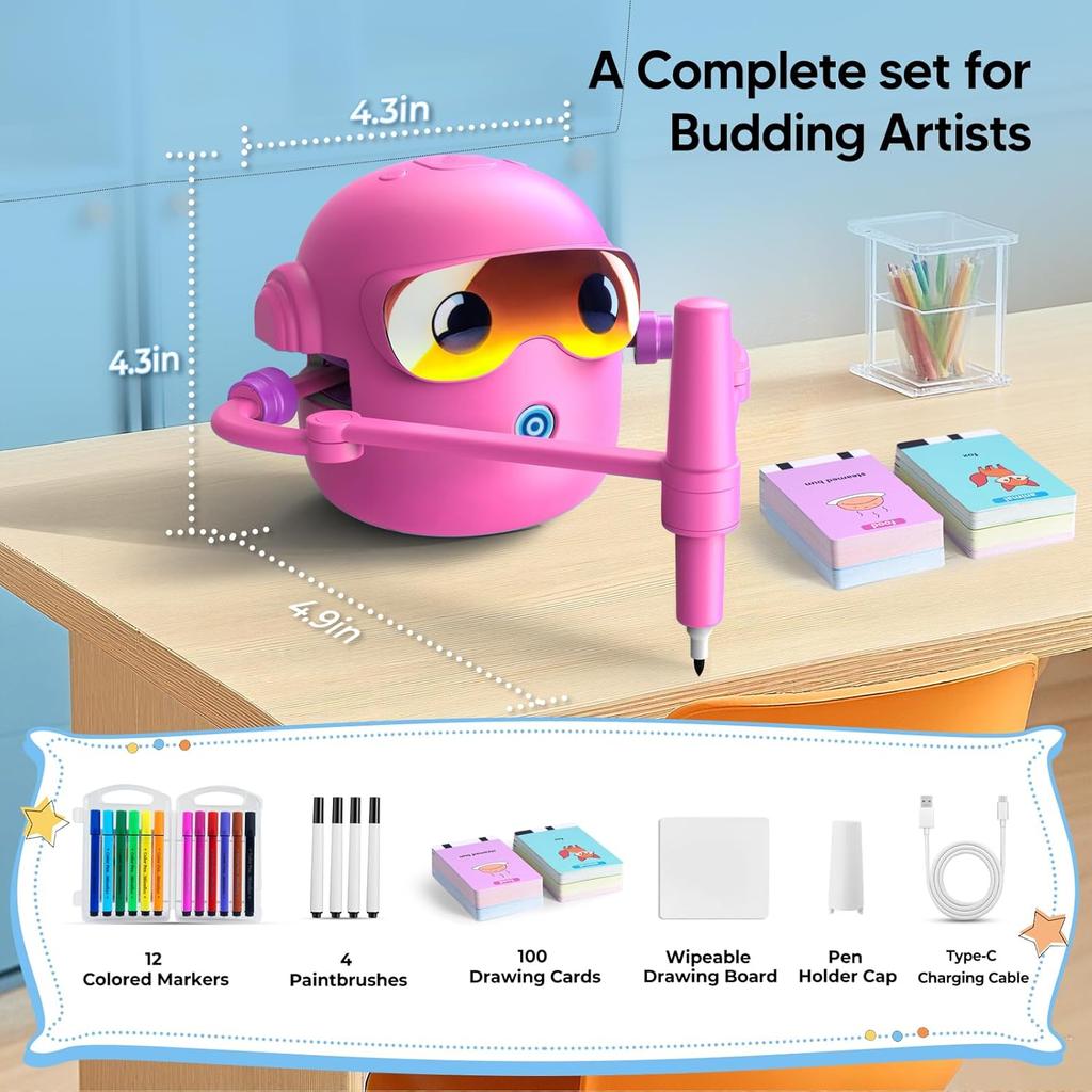 Drawing Robot for Kids Montessori Interactive Drawing Machine with 100 Cards Color Pens Music Gift Pink