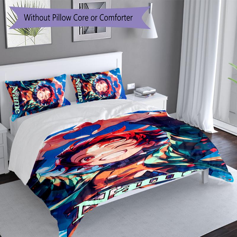 3pcs Custom Name Demon Slayer Tanjiro Set,Includes 1 Duvet Cover and 2 Pillowcases,All-season Bedroom Decor