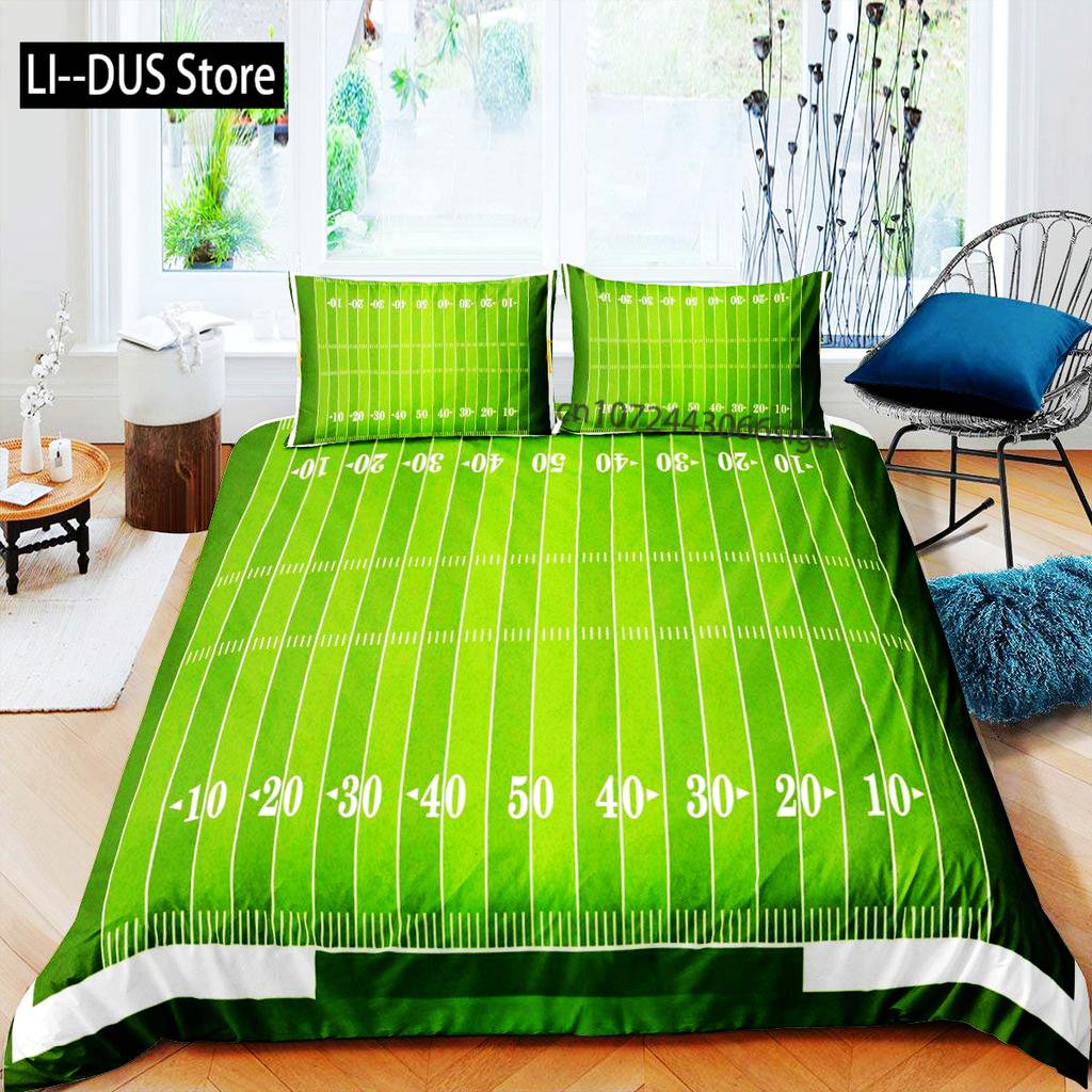 Green Football Field King Queen Duvet Cover Soccer Field Comforter Cover Boys Men Sport Games Bedding Set Polyester Quilt Cover