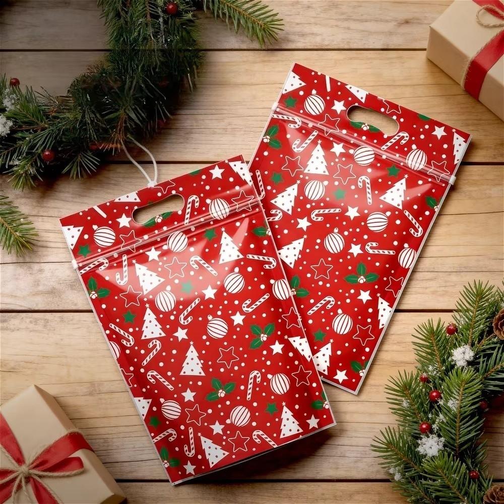 50pcs with Handles Christmas Sealing Bags Plastic Packaging Bags Candy Cookie Bags  Xmas Holiday