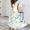 Women's Long Casual Dress Summer Short-Sleeve V-Neck Waist Retraction Printed Dress