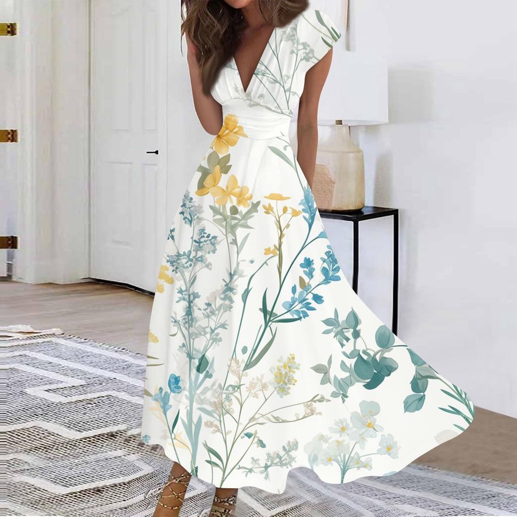 Women's Long Casual Dress Summer Short-Sleeve V-Neck Waist Retraction Printed Dress