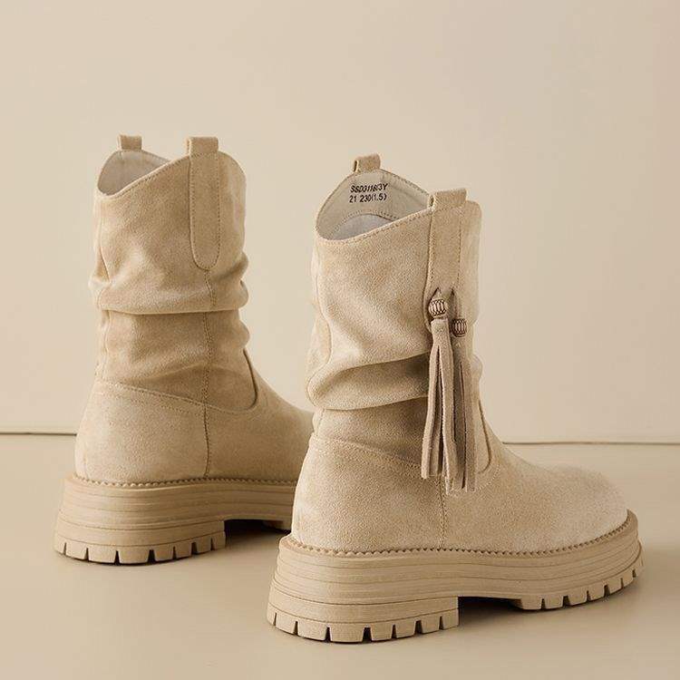 Kurze Stiefel Plateau-Stiefel Herbst/Winter 2025 Neu Ladmartin Vintage Western Midtube Stiefel mit Plüschfutter